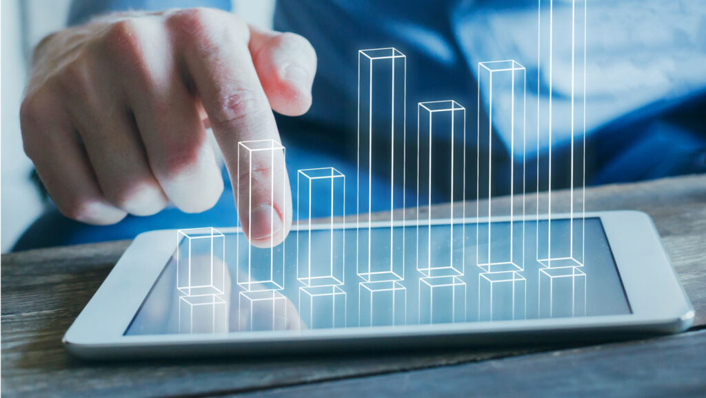 Eine lebendige Illustration, die die wichtigsten digitalen Marketingtrends für 2024 zeigt und Analysediagramme und digitale Symbole enthält.