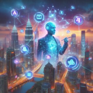Visuelle Darstellung von KI im Influencer-Marketing mit Analyse- und Social-Media-Symbolen
