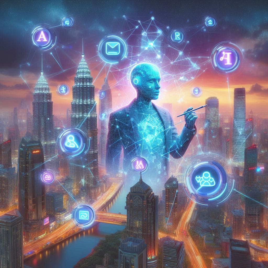 Visuelle Darstellung von KI im Influencer-Marketing mit Analyse- und Social-Media-Symbolen