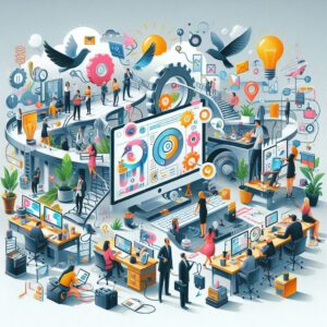 Kreativteam verwendet KI-Tools, um schnell Inhalte zu erstellen und GPTs für kreative Workflows in Aktion darzustellen.