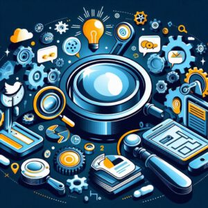 Sprechblase mit Schlüsselwörtern, die Konversations-SEO-Inhaltsstimme zeigen