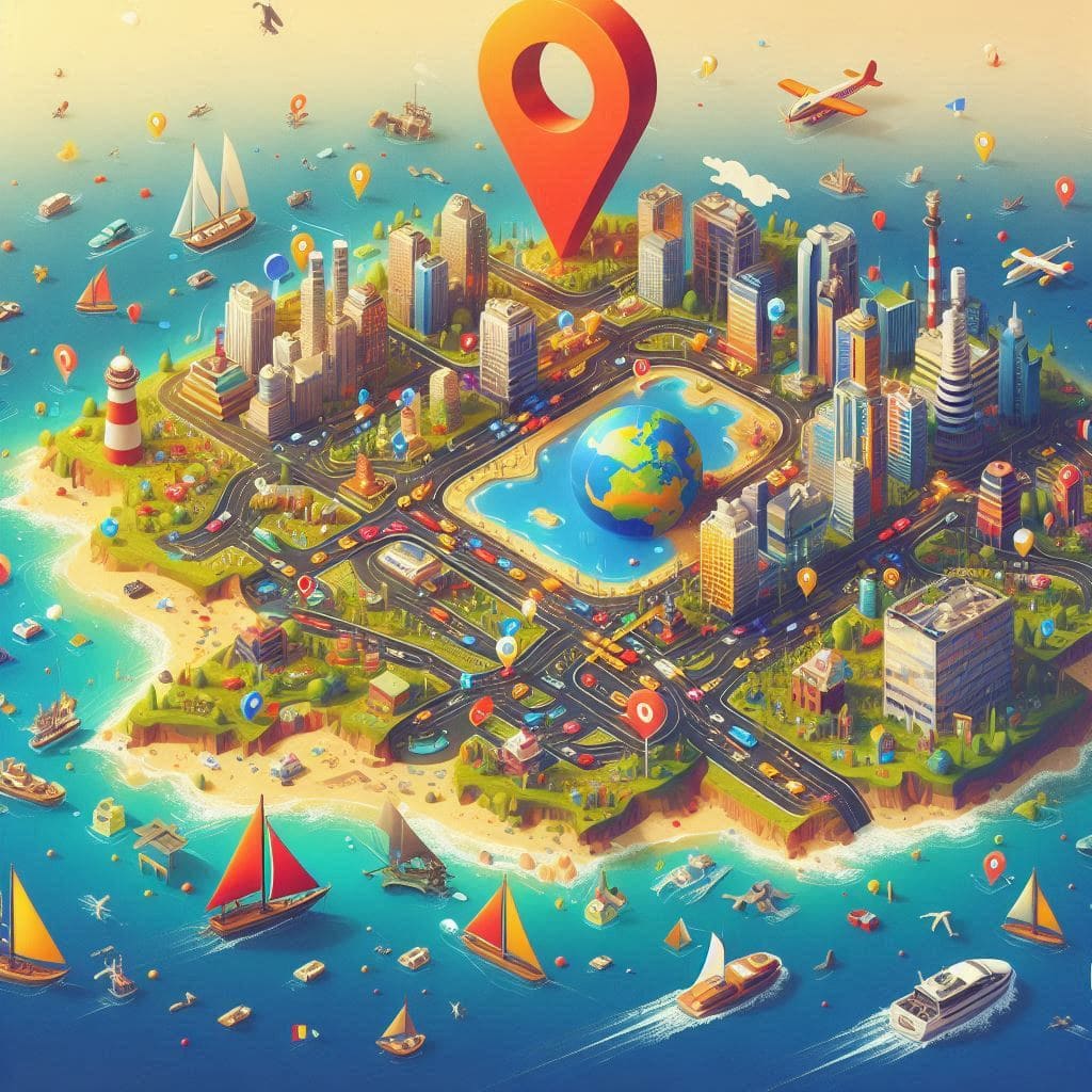 Kartenstecknadel mit Datenebenen, die Google Maps und SEA/GEO Strategie darstellen.