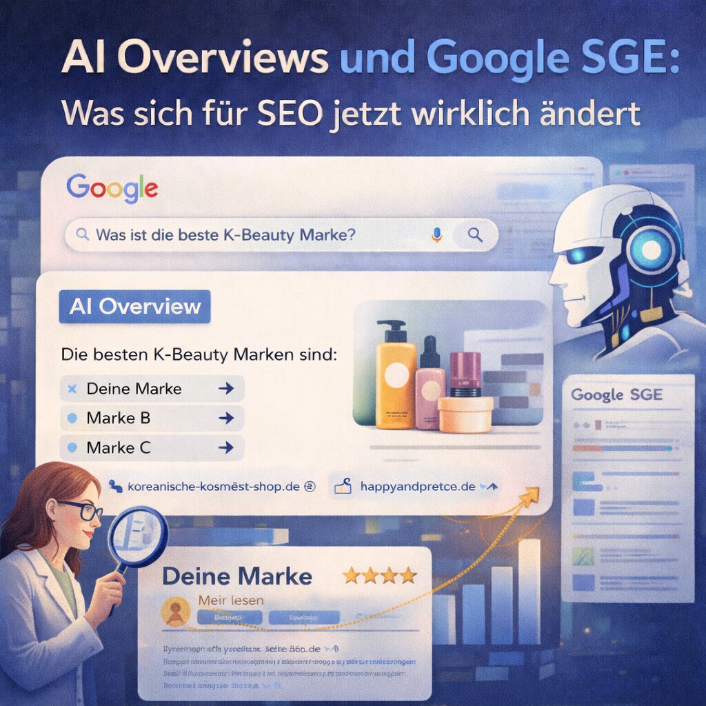 Darstellung einer Google-Suchergebnisseite mit AI Overview oberhalb der organischen Treffer