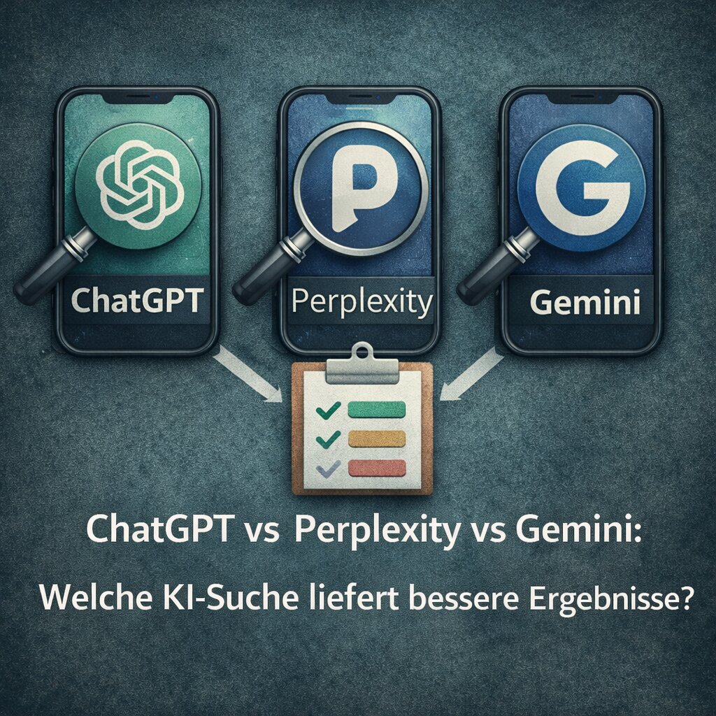 Drei Bildschirme zeigen Suchanfragen in ChatGPT, Perplexity und Gemini nebeneinander