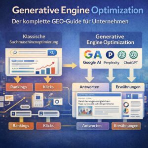 Infografik zeigt den Unterschied zwischen klassischer Suchmaschinenoptimierung und Generative Engine Optimization mit KI-Antwortsystemen