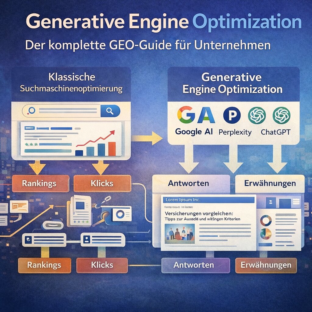 Infografik zeigt den Unterschied zwischen klassischer Suchmaschinenoptimierung und Generative Engine Optimization mit KI-Antwortsystemen