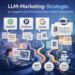 Diagramm zeigt die Integration von LLM-Kanälen wie ChatGPT und Perplexity in einen digitalen Marketing-Mix