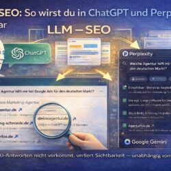 Bildschirm zeigt ChatGPT-Antwort mit zitierten Quellen – Illustration zu LLM-SEO und Markensichtbarkeit in KI-Systemen