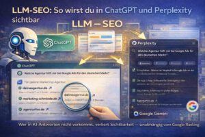 Bildschirm zeigt ChatGPT-Antwort mit zitierten Quellen – Illustration zu LLM-SEO und Markensichtbarkeit in KI-Systemen